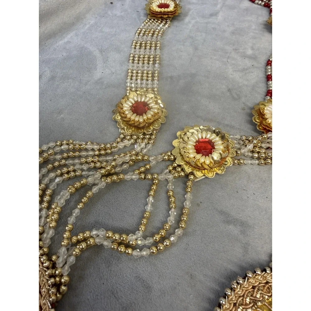Statement Beaded Necklace Set 2PC Gold Tone Red Indian‎ Bridal Tassel Pendants